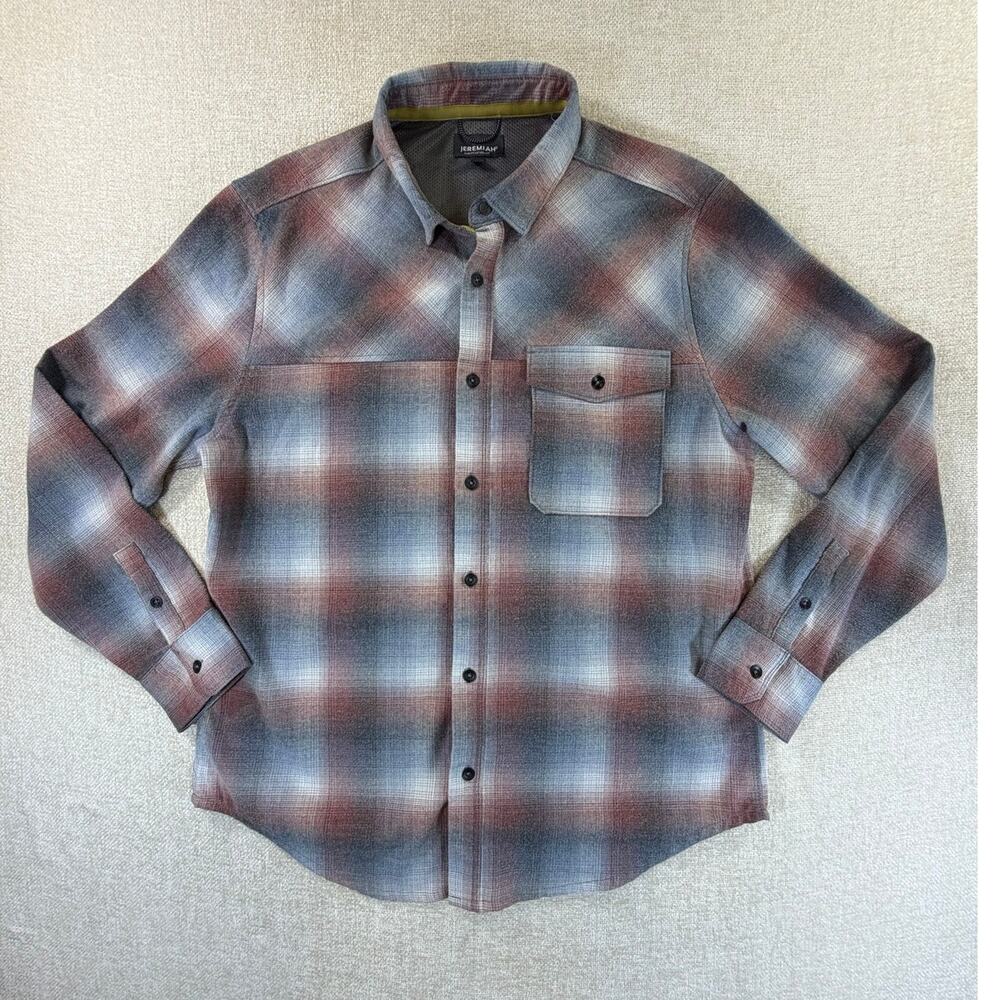 Jeremiah Men Large Gray Brown Plaid Long Sleeve Button Front Flannel Shirt Retro
